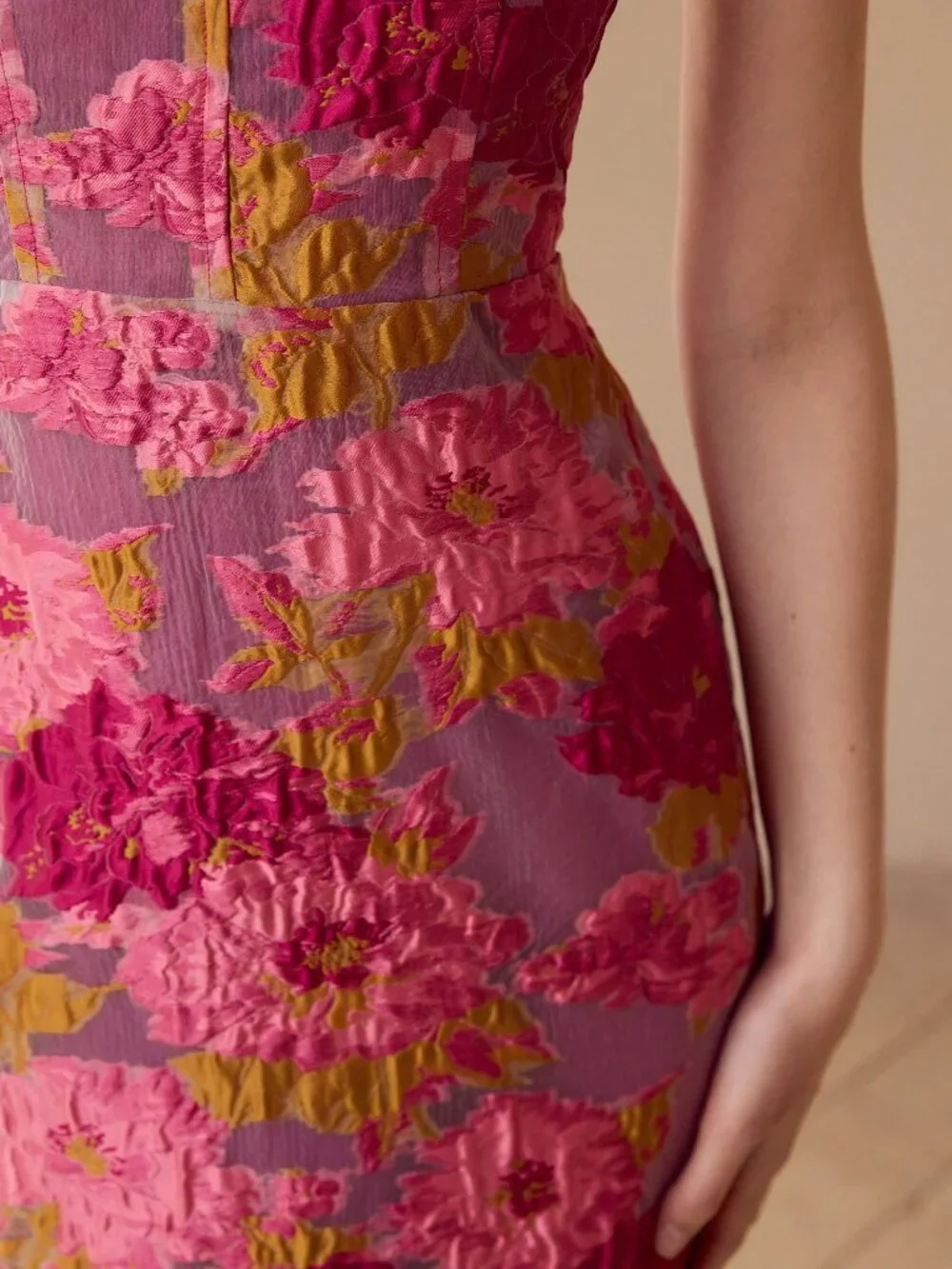 Pink Women's Premium Floral Jacquard Tube midi Dress - Picture 2 of 6